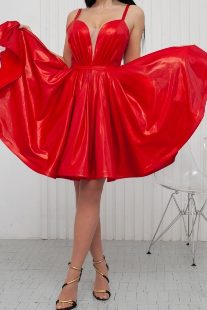 Chic Sweetheart Red Short Party Dress Straps Sleeveless Knee Length Prom Dress