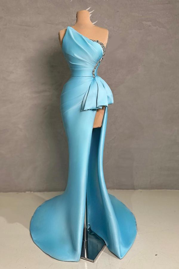 Stylish One Shoulder High Split Ruched Satin Prom Dress with Shiny Ryinstones