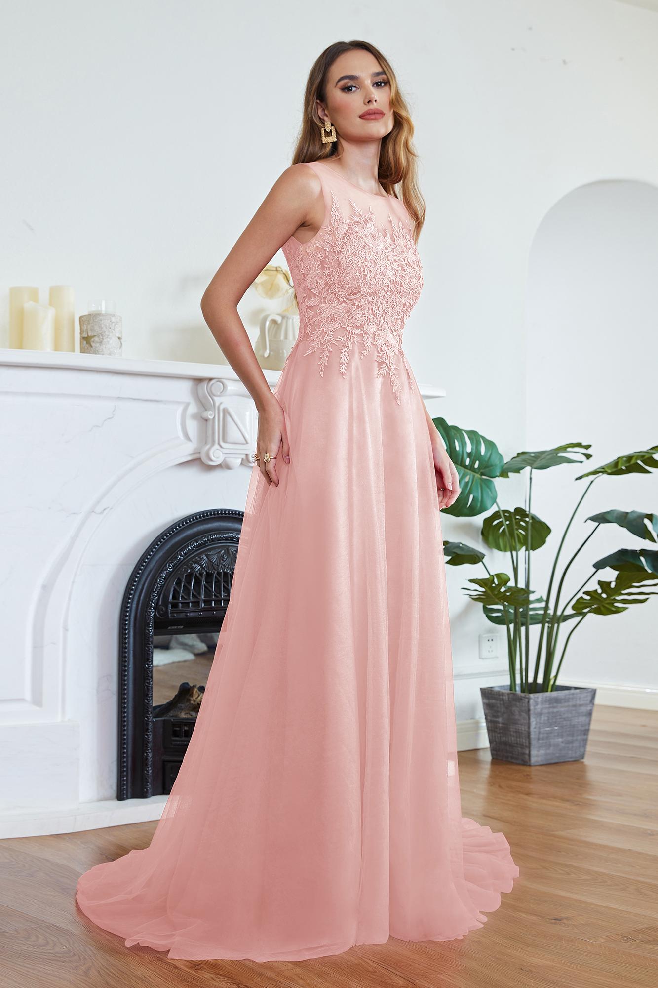 Stylish Scoop Neck Tulle Aline Evening Dress Floral Lace Long Bridesmaid Dresses Sleeveless