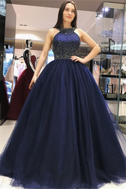 Sexy Halter Crystal Bow-knot Open Back Prom Dress UKes UK Ball Gown Sleeveless Elegant Evening Dress UKes UK
