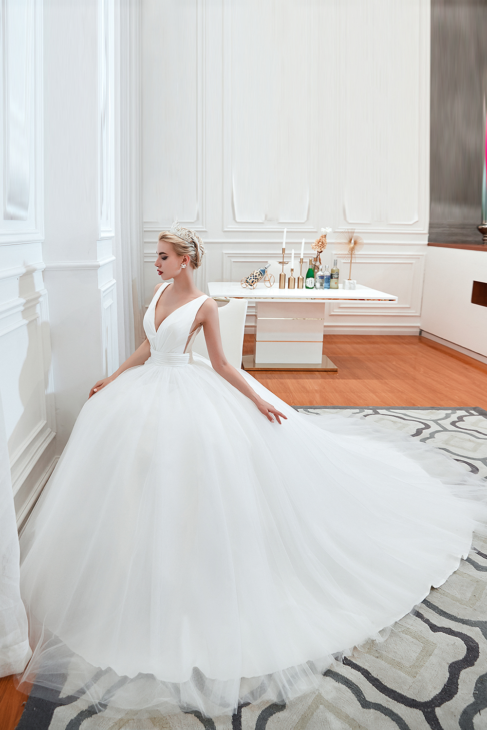 Elegant Low Back Bridal Gowns with Belt Spring Wedding Dress V-Neck