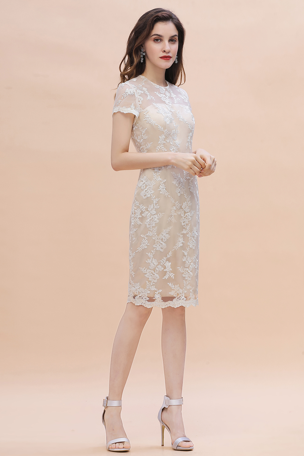 Elegant Short Sleeves Lace Wedding Party Dress Ankle Length Dress