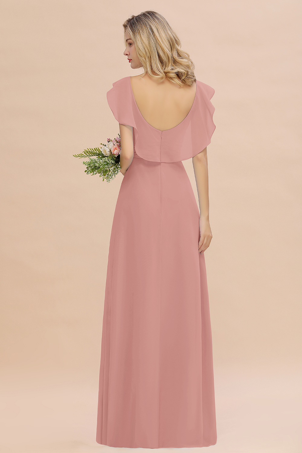 V-Neck A-line Bridesmaid Dress Chiffon Long Wedding Party Dress with Split