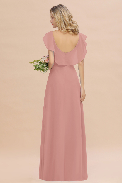 V-Neck A-line Bridesmaid Dress Chiffon Long Wedding Party Dress with Split