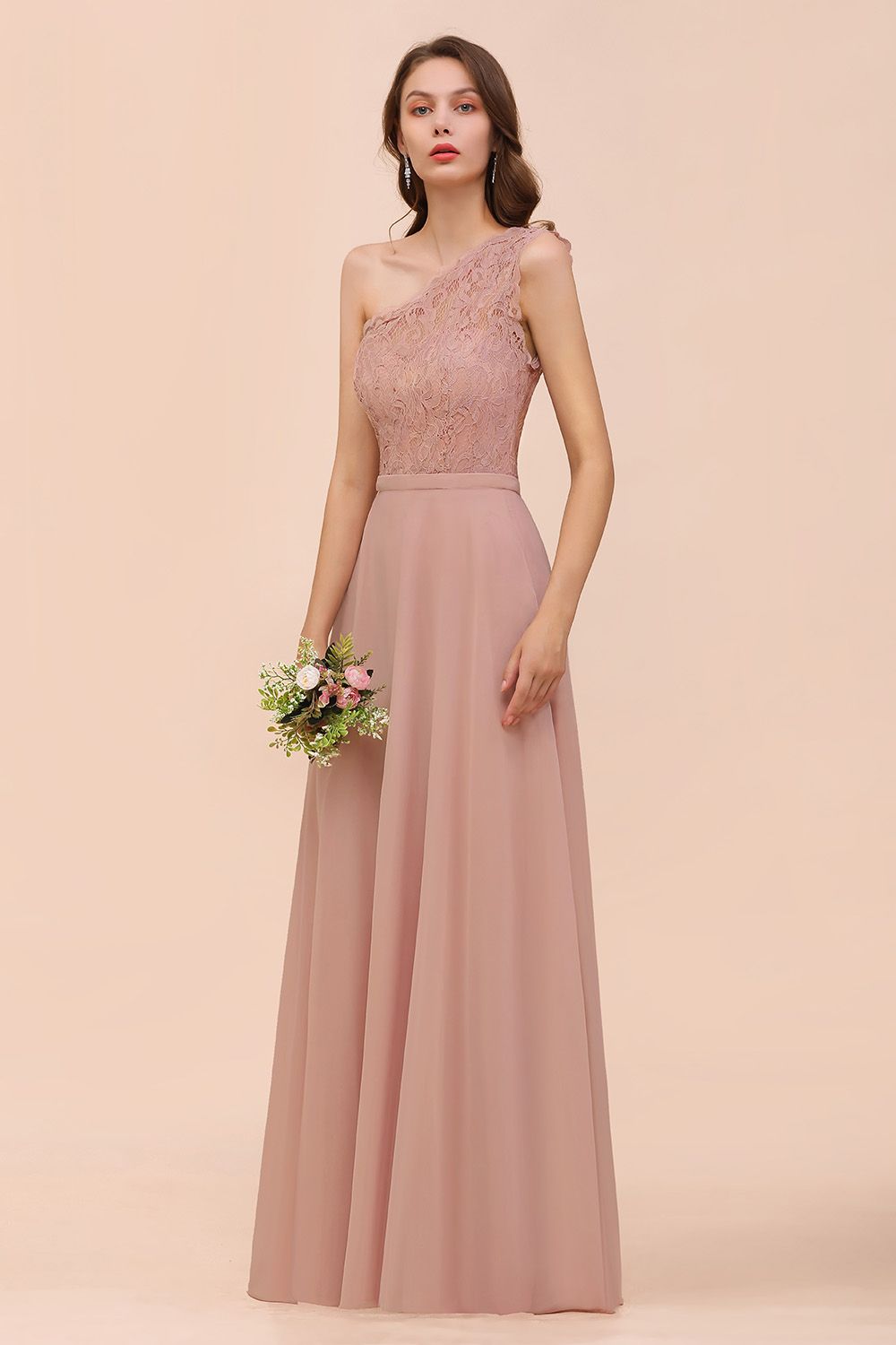 One Shoulder Dusty Pink Lace Chiffon Bridesmaid Dresses