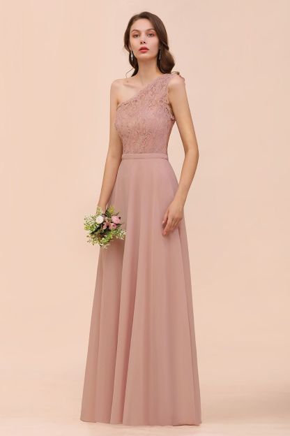 One Shoulder Dusty Pink Lace Chiffon Bridesmaid Dresses