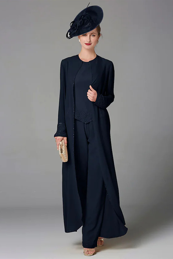 Plus Size Jumpsuit 3 Piece Mother of the Bride Dress Elegant Wrap Included Bateau Neck Floor Length Chiffon Sleeveless with Beading Appliques