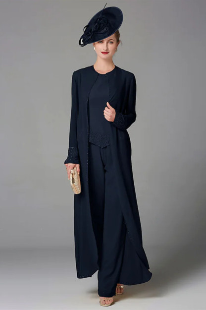Plus Size Jumpsuit 3 Piece Mother of the Bride Dress Elegant Wrap Included Bateau Neck Floor Length Chiffon Sleeveless with Beading Appliques