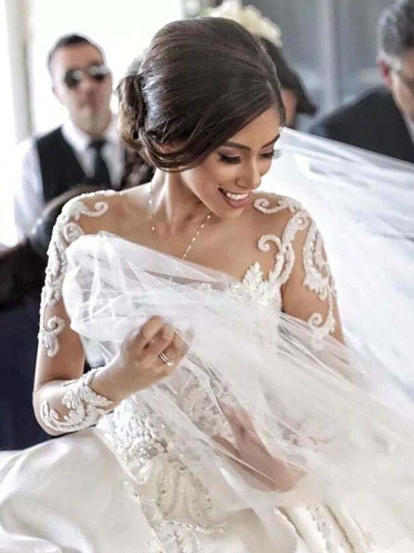 Satin Ball Gown Scoop Neckline Cathedral Train Applique Long Sleeves Wedding Dresses UK