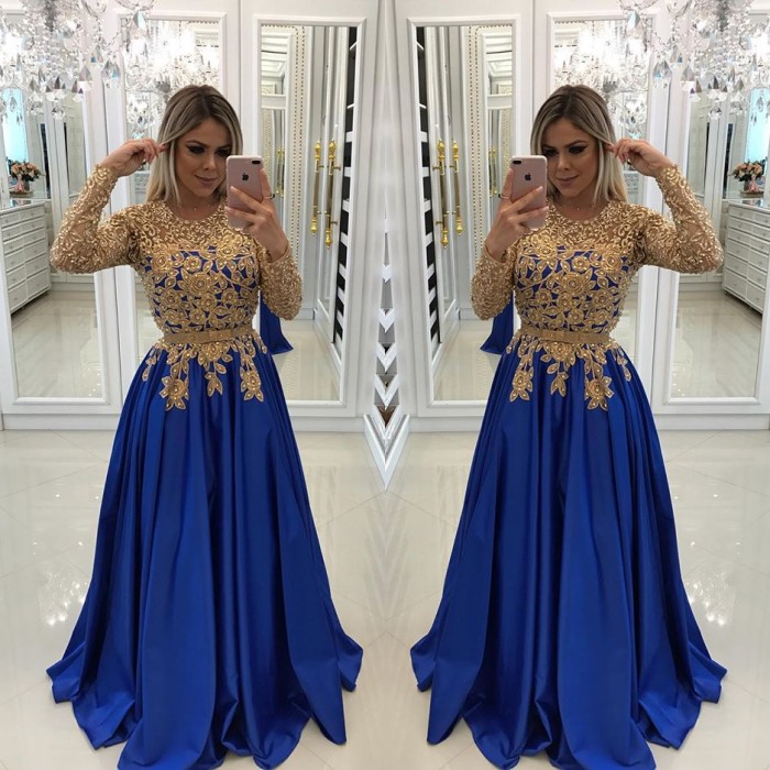 Modern Royal Blue & Gold Lace Evening Dress UK | Long Sleeve Party Gown