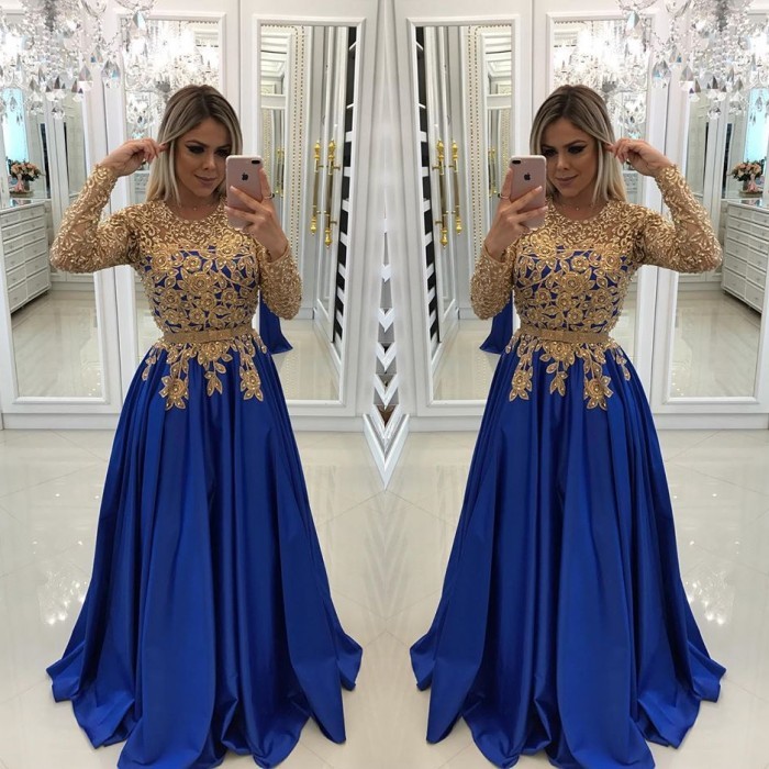 Modern Royal Blue & Gold Lace Evening Dress UK | Long Sleeve Party Gown