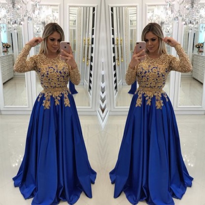 Modern Royal Blue & Gold Lace Evening Dress UK | Long Sleeve Party Gown