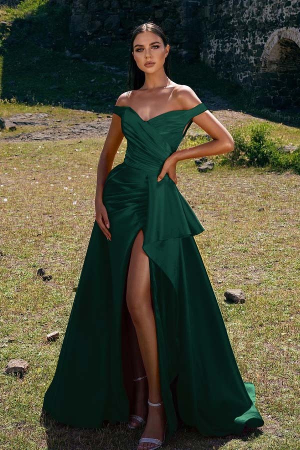 Chic Sleeveless Off the Shoulder Mermaid Pleated Prom Dress Red With Split