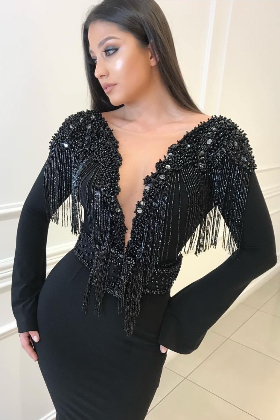 Long Sleeves Elegant Mermaid Deep Alluring V-Neck Tassel Beading Open Back Prom Dress UK UKes UK