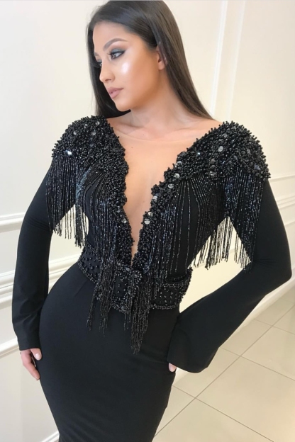 Long Sleeves Elegant Mermaid Deep Alluring V-Neck Tassel Beading Open Back Prom Dress UK UKes UK