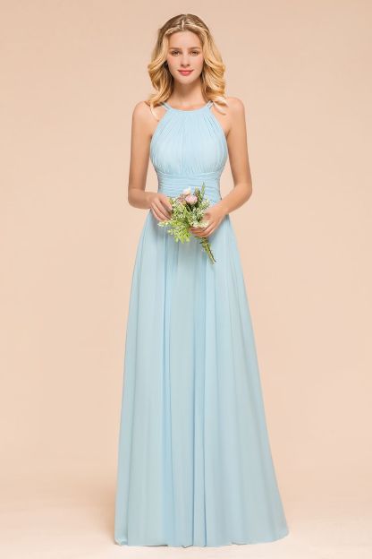 Halter Sky Blue Bridesmaid Dress Chiffon Long Wedding Guest Dress-27Dress.co.uk
