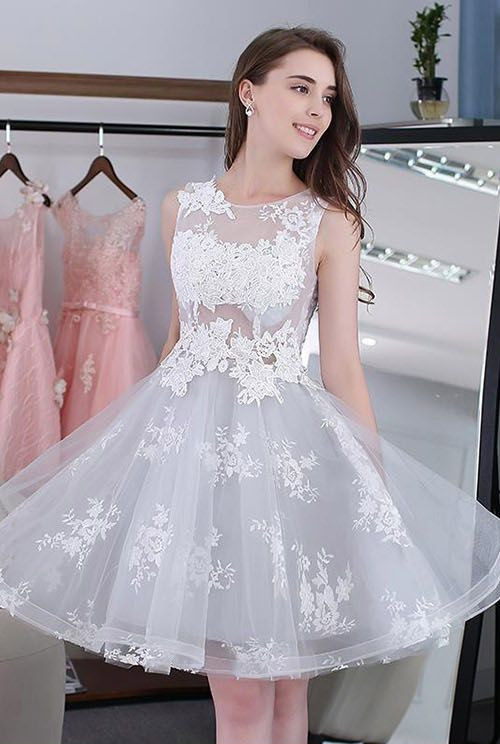 White Illusion Lace Appliques A-line Short Homecoming Dress UK | Elegant Crew Neck Knee Length Formal Dress