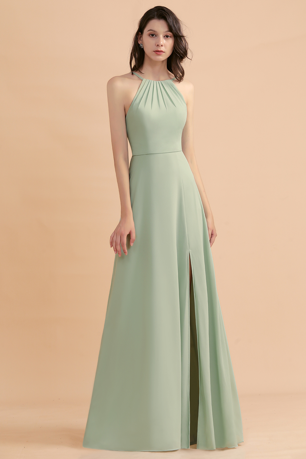 Chic Halter Chiffon Dusty Sage Bridesmaid Dress with Front Slit