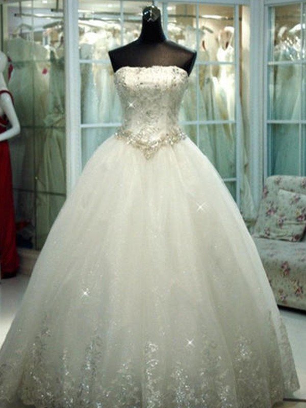 Floor-Length Tulle Ball Gown Beads Strapless Sleeveless Wedding Dresses UK