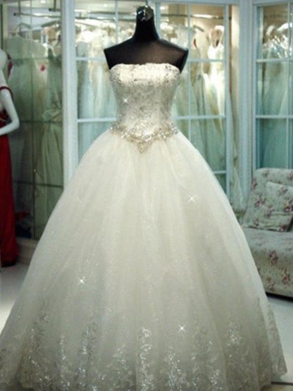 Floor-Length Tulle Ball Gown Beads Strapless Sleeveless Wedding Dresses UK