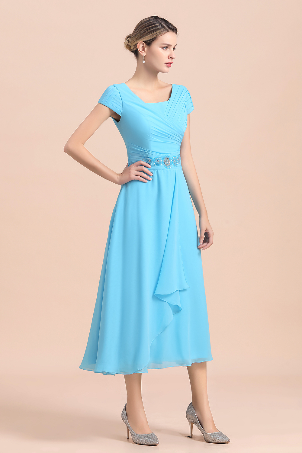 Blue Short Sleeves Chiffon Tea-Length Weddig Guest Dress