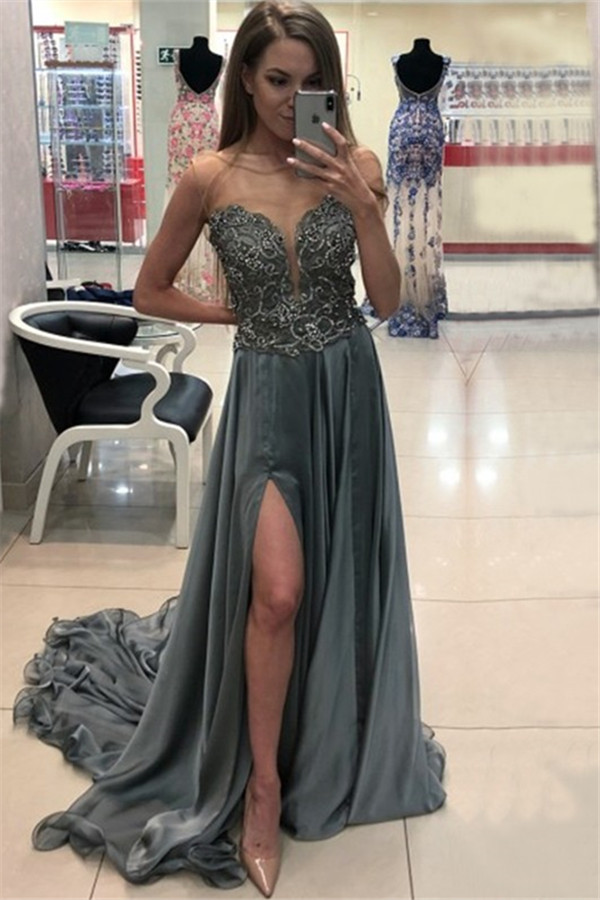 Sexy Jewel Applique Ruffles Prom Dress UKes UK Sleeveless Side Slit Elegant Evening Dress UKes UK with Beads