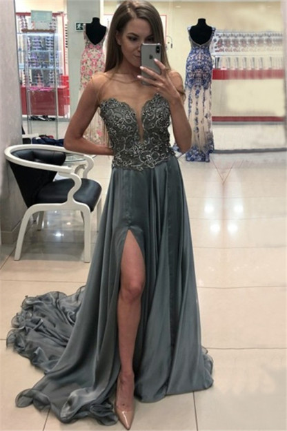 Sexy Jewel Applique Ruffles Prom Dress UKes UK Sleeveless Side Slit Elegant Evening Dress UKes UK with Beads