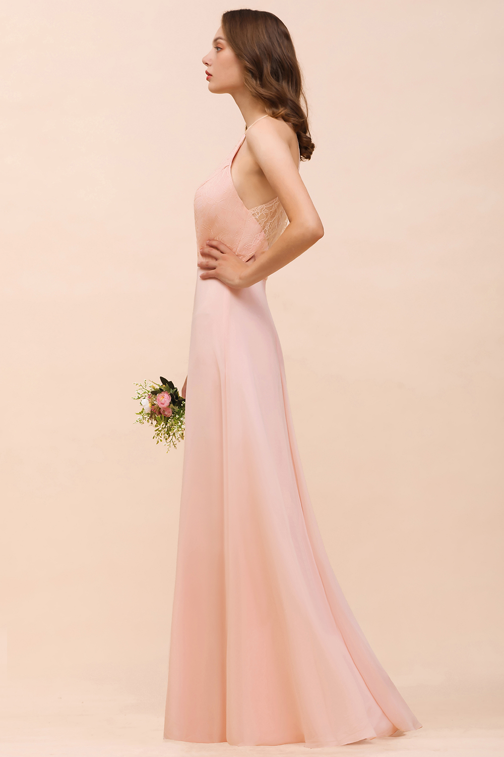 Chic Halter Pink Long Bridesmaid Dress Simple Evening Dress for Women