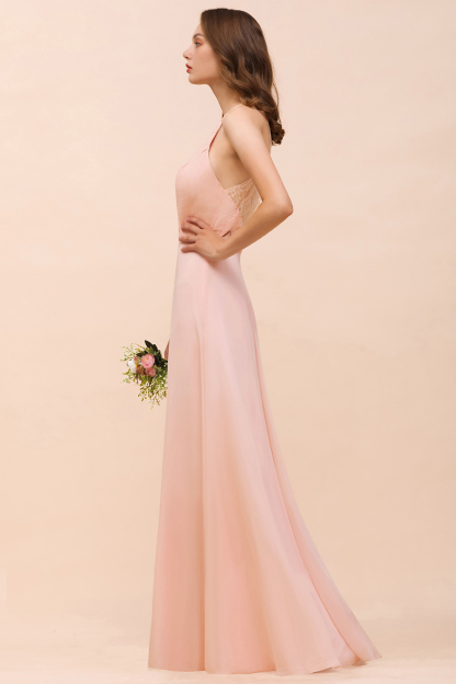 Chic Halter Pink Long Bridesmaid Dress Simple Evening Dress for Women