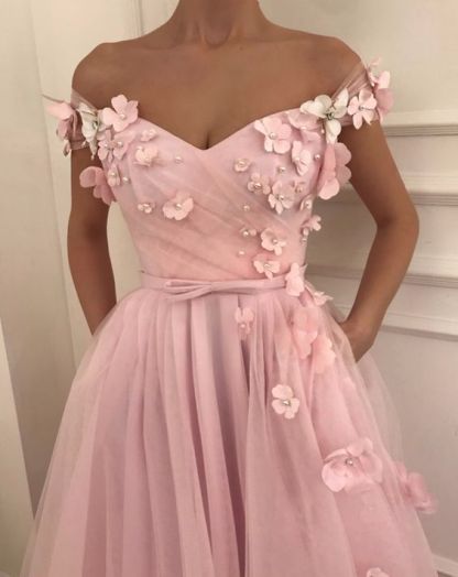 Sweet Pink Florals A-Line Tulle Long Sexy Prom Dress UK | Sexy Off-the-Shoulder Evening Dress UKes UK