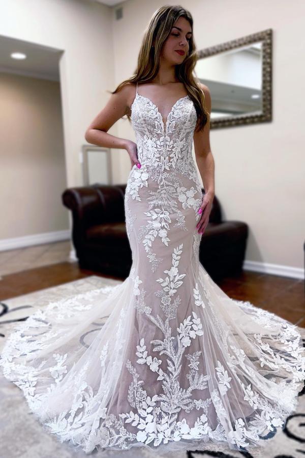 Elegant V-Neck Tulle Lace Appliques Mermaid/Trumpet Wedding Dresses Spaghetti Straps-27Dress.co.uk