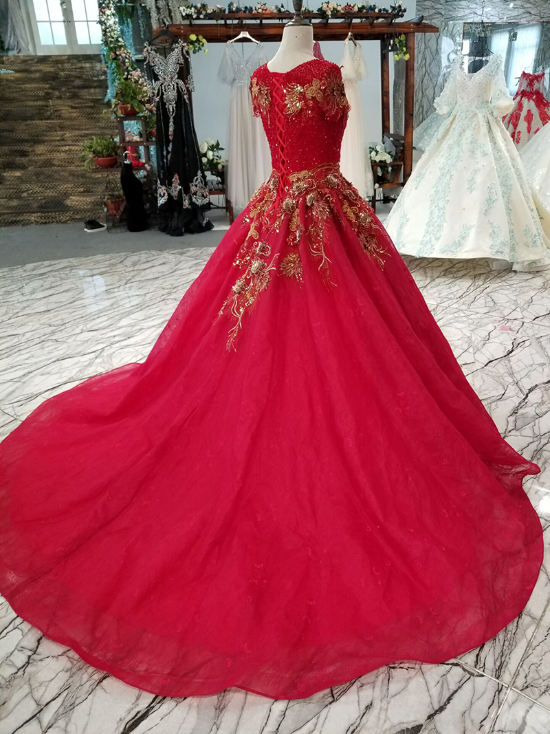 Beads Applique Round Neck Short Sleeves A-Line Court Train Prom