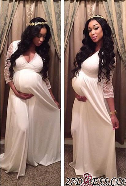 Lace White Newest Sweep-Train Maternity V-neck Front-Split Long-Sleeve Prom Dress UK