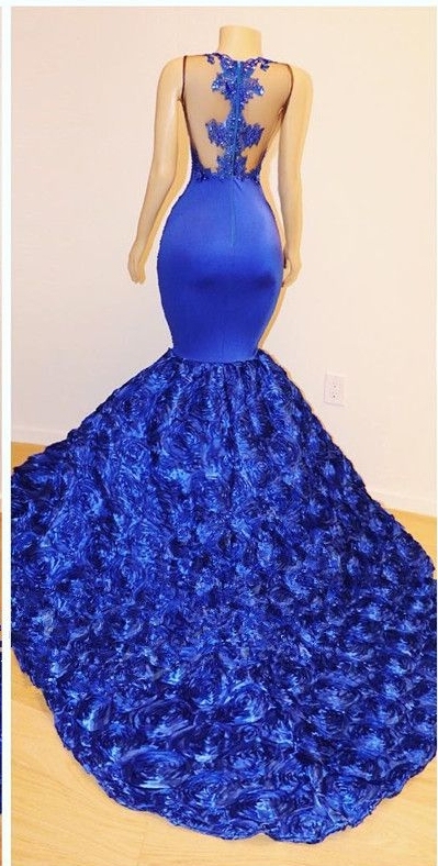 Royal-Blue Florals Elegant Trumpt Long Evening Dress UKes UK | Simple Sleeveless With Lace Appliques Prom Dress UKes UK UK