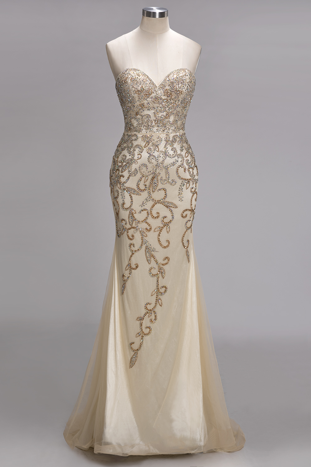 Backless Crystals Beaded Luxury Sweetheart Formal Long Tulle Evening Gowns