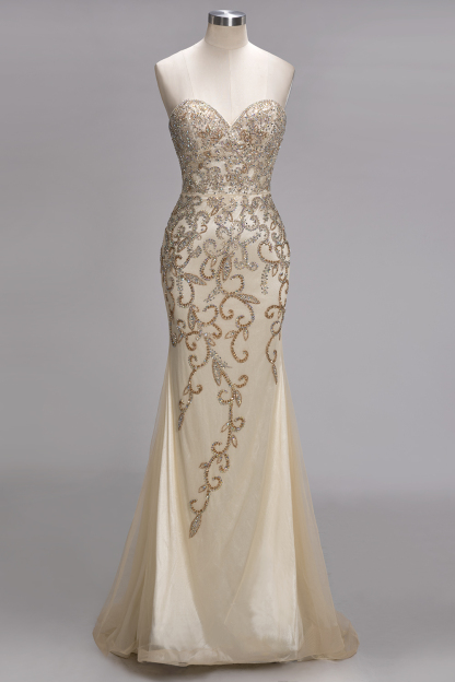 Backless Crystals Beaded Luxury Sweetheart Formal Long Tulle Evening Gowns