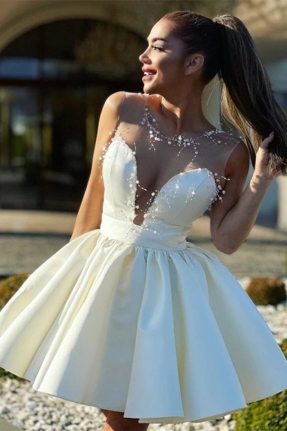 Scoop Neck Short Aline Homecoming Dress Pearls Cocktail Dress