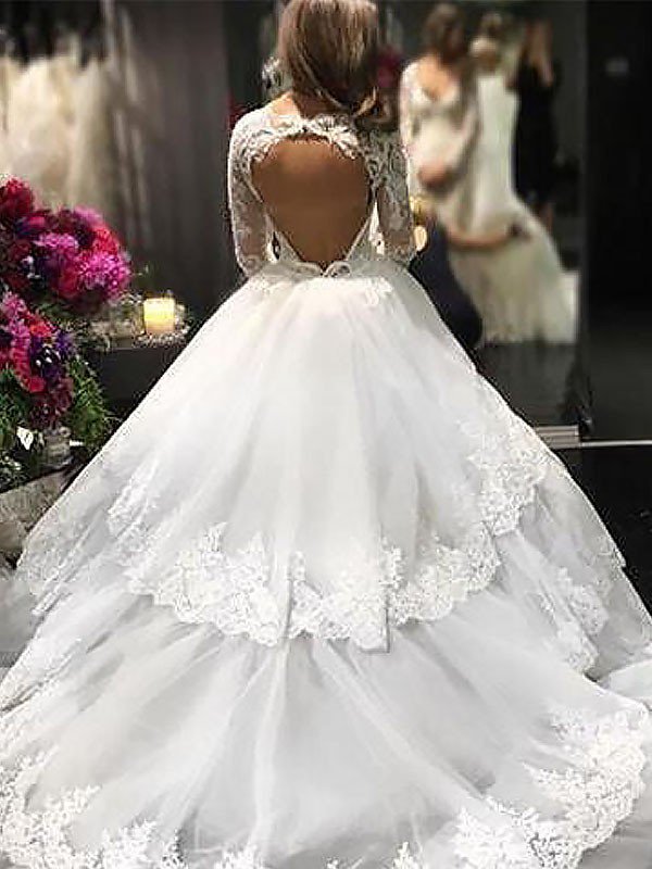 Lace Tulle Court Train Ball Gown Long Sleeves V-Neck Wedding Dresses UK