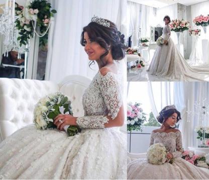 Pretty Lace Long Sleeve Princess Wedding Dresses UK Ball Gown With Appliques