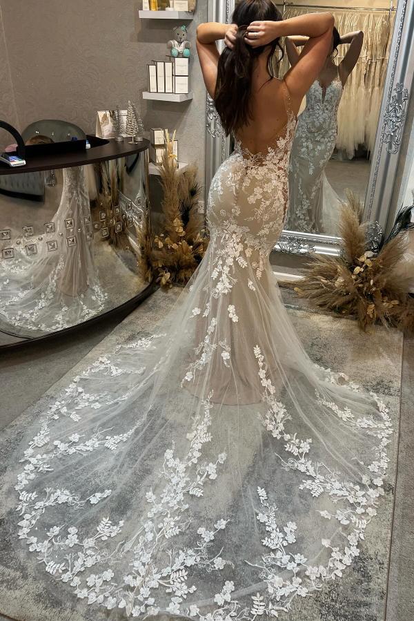 Gorgeous V-Neck Tulle Lace Appliques Mermaid Bridal Dress with Sweep Train