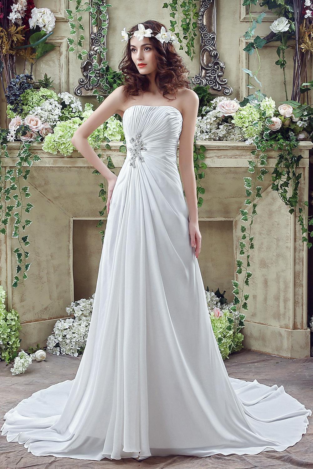 Strapless White Beadss Wedding Dress A-line Sweep Train