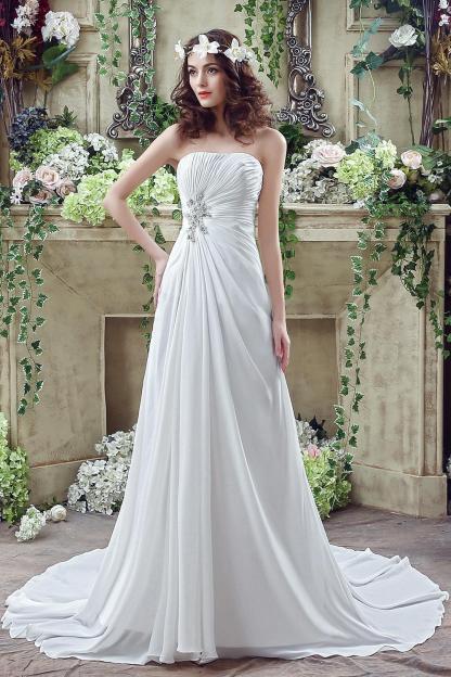Strapless White Beadss Wedding Dress A-line Sweep Train