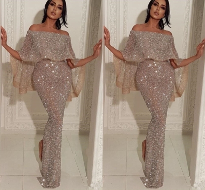 Shiny Off-the-shoulder Long Elegant Mermaid Sequins Prom Dress UK UKes UK