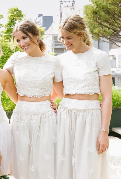 Modern White Two Piece A-line Bridesmaid Dress UK Lace Short Sleeve Jewel