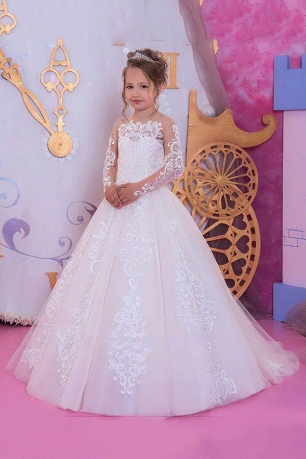 Elegant Long Sleeves Little Girl Dress Tulle Lace Appliques Flower Girl Dress