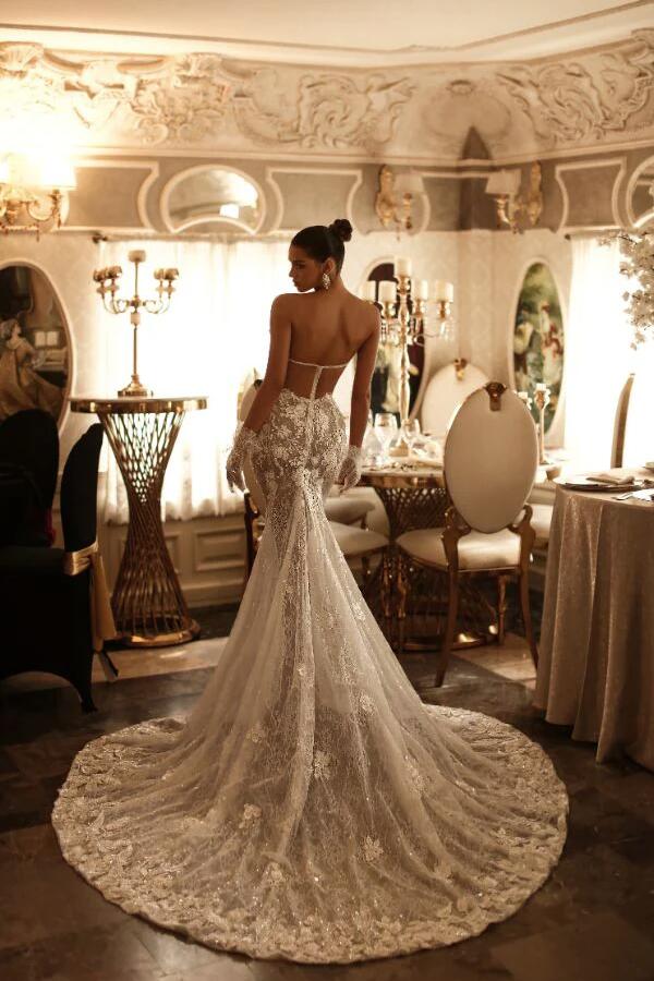 Gorgeous Strapless Floral Lace Mermaid Bridal Dresses Backless Trumpet Tulle Wedding Dress-27Dress.co.uk