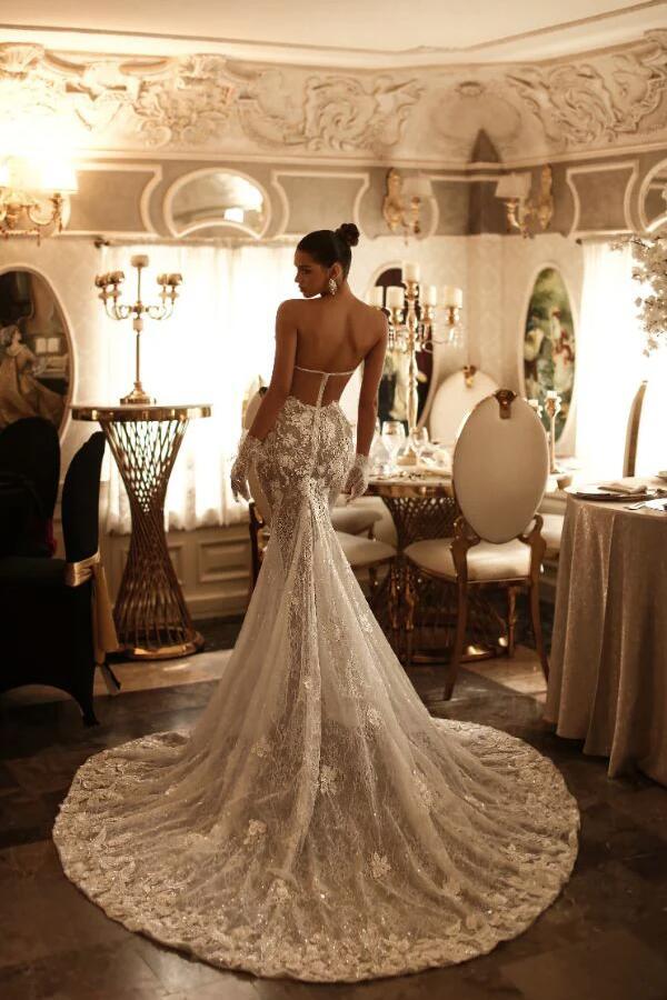 Gorgeous Strapless Floral Lace Mermaid Bridal Dresses Backless Trumpet Tulle Wedding Dress-27Dress.co.uk