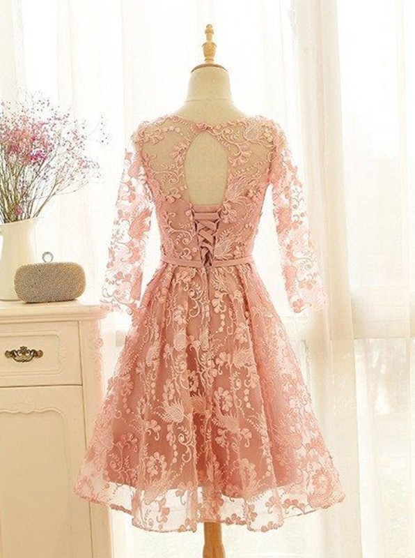 Lovely Long-Sleeve Pink Homecoming Dress UK Lace Short Prom Party Gowns