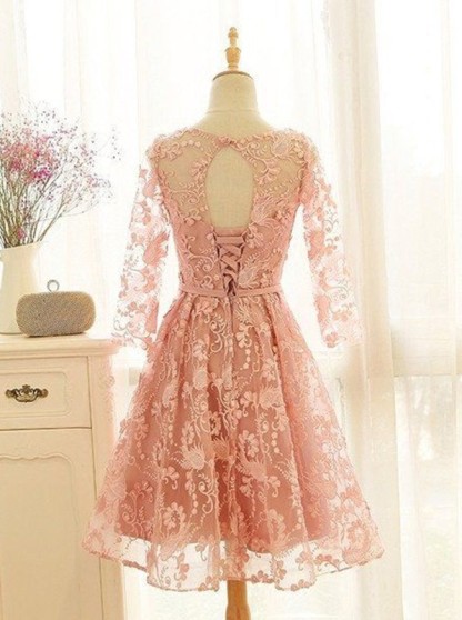 Lovely Long-Sleeve Pink Homecoming Dress UK Lace Short Prom Party Gowns