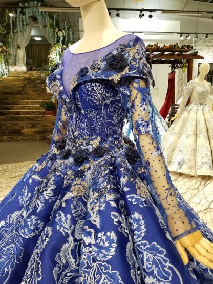 Sweep Train Long Sleeves Applique Ball Gown Long Prom Dress UK UK